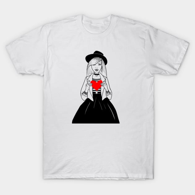 Stylish girl in a hat with big heart T-Shirt by fears